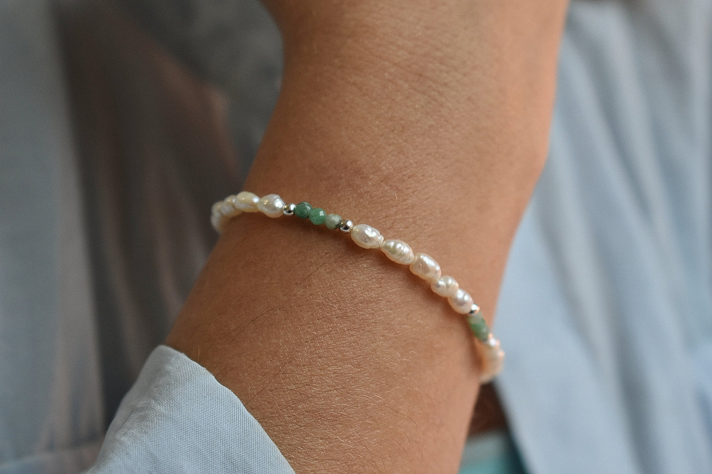 Freshwater Pearl and Emerald Bracelet