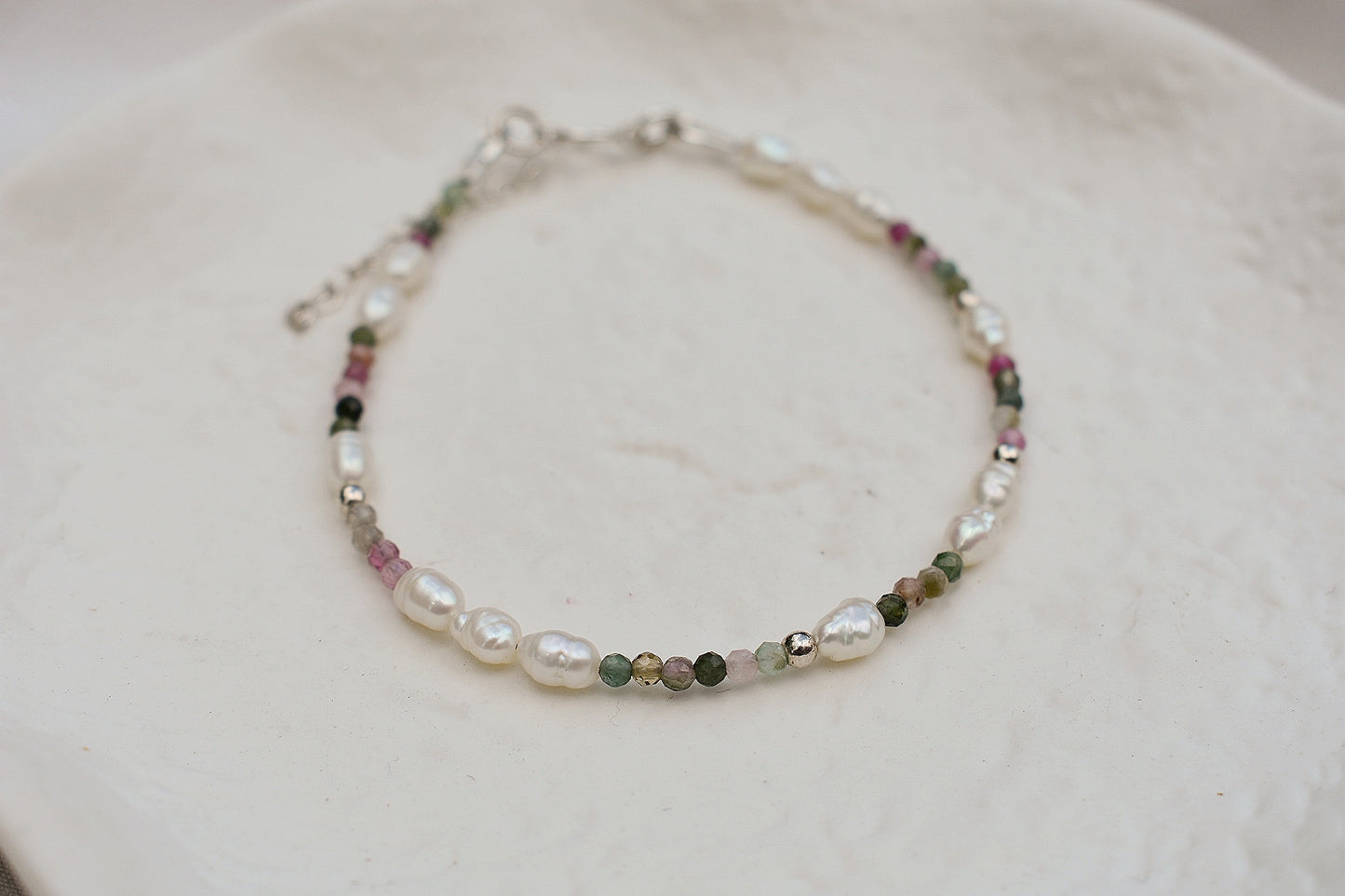 Sterling Silver Freshwater Pearl and Tourmaline Gemstone Bracelet