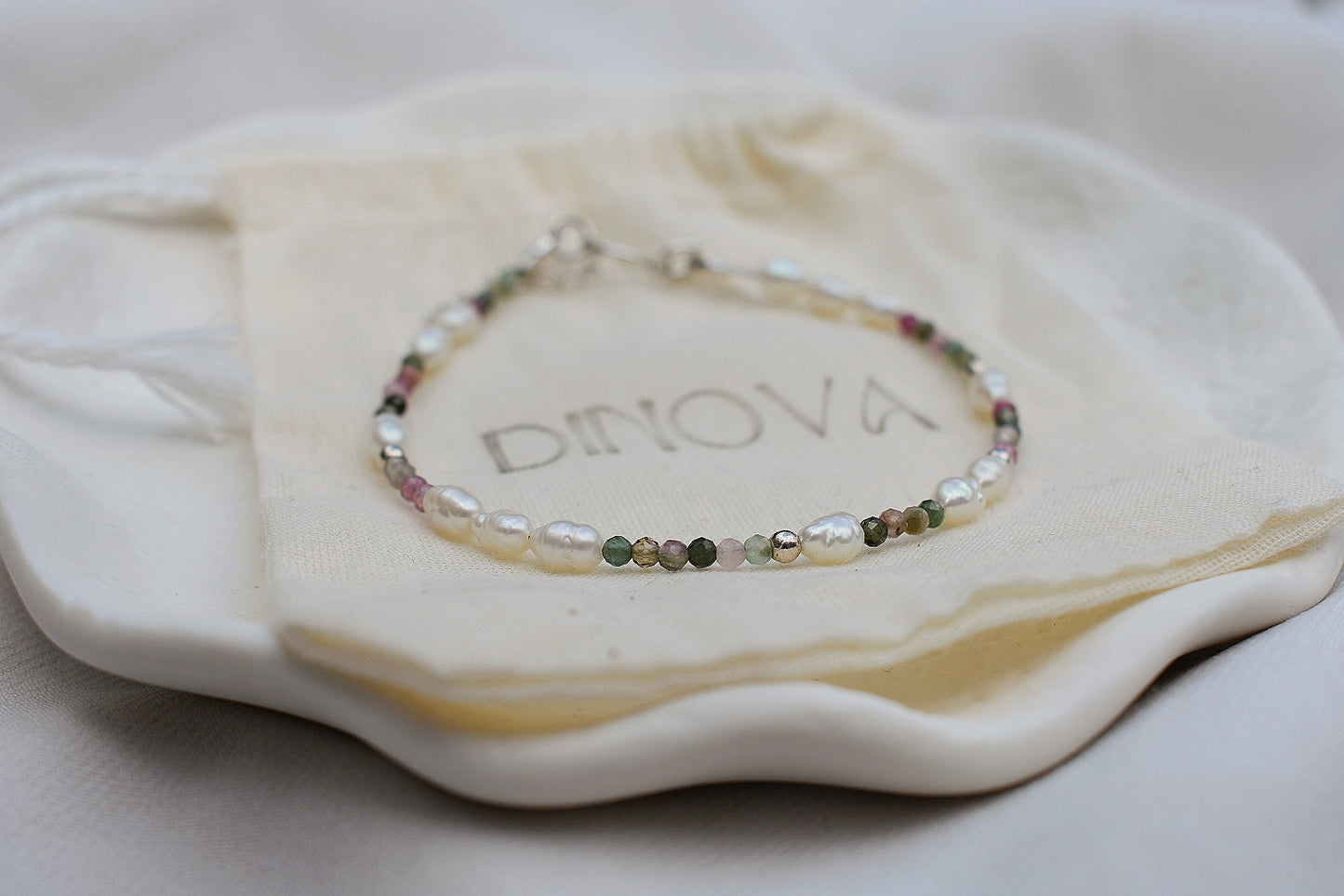 Sterling Silver Freshwater Pearl and Tourmaline Gemstone Bracelet