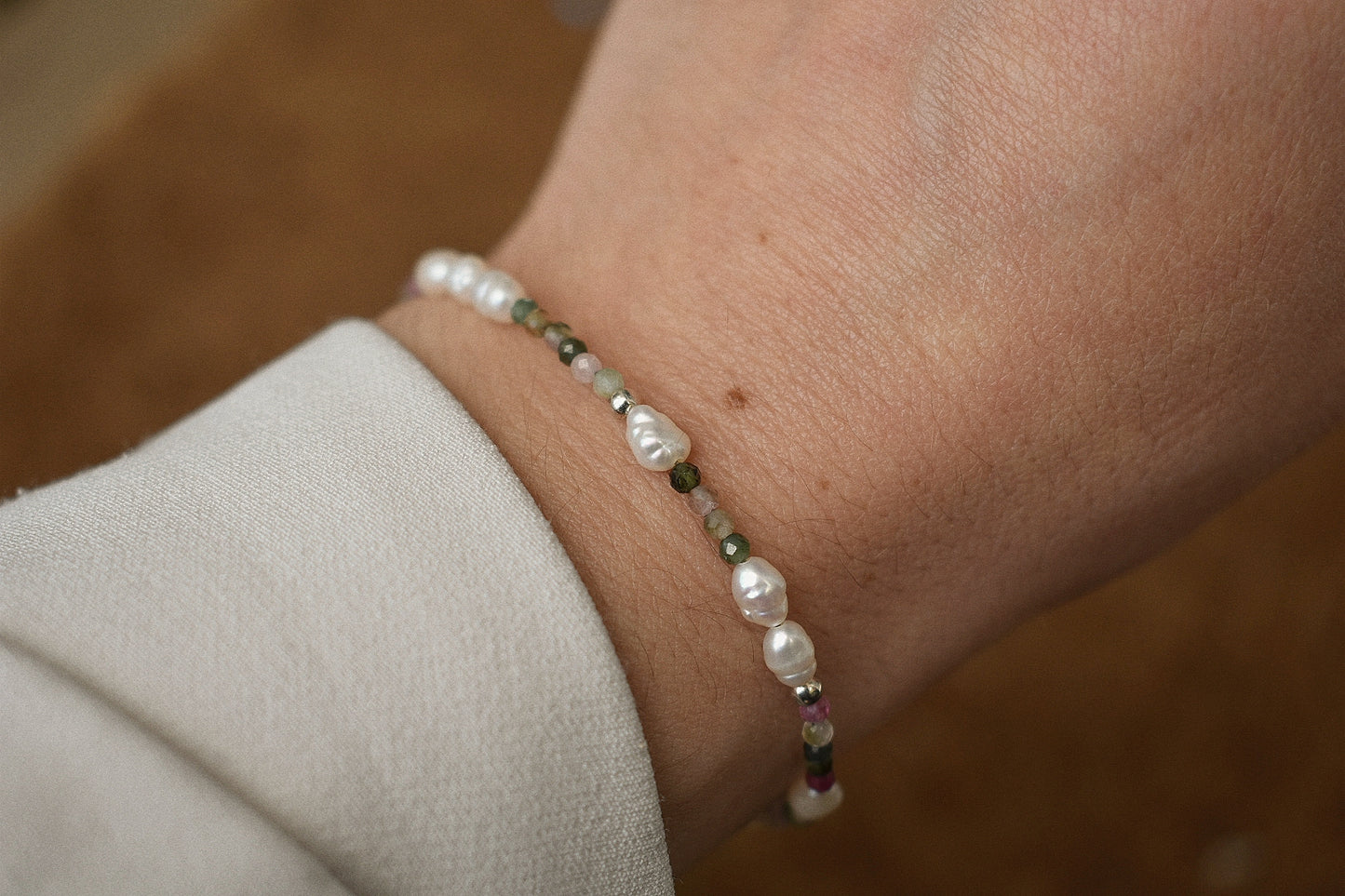 Sterling Silver Freshwater Pearl and Tourmaline Gemstone Bracelet